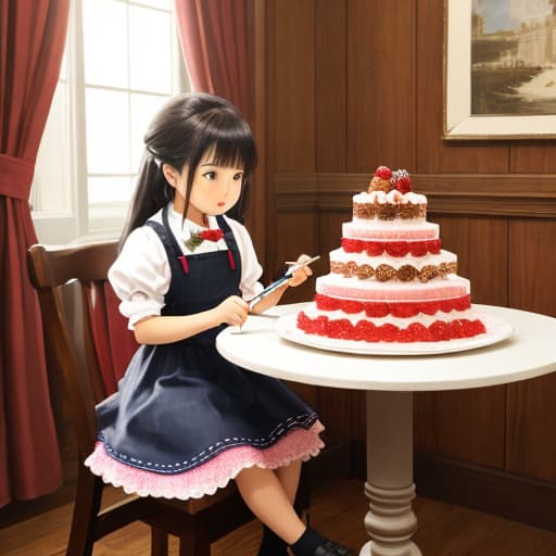  Girl in feminine dress eating cake, facing front Girl Cute