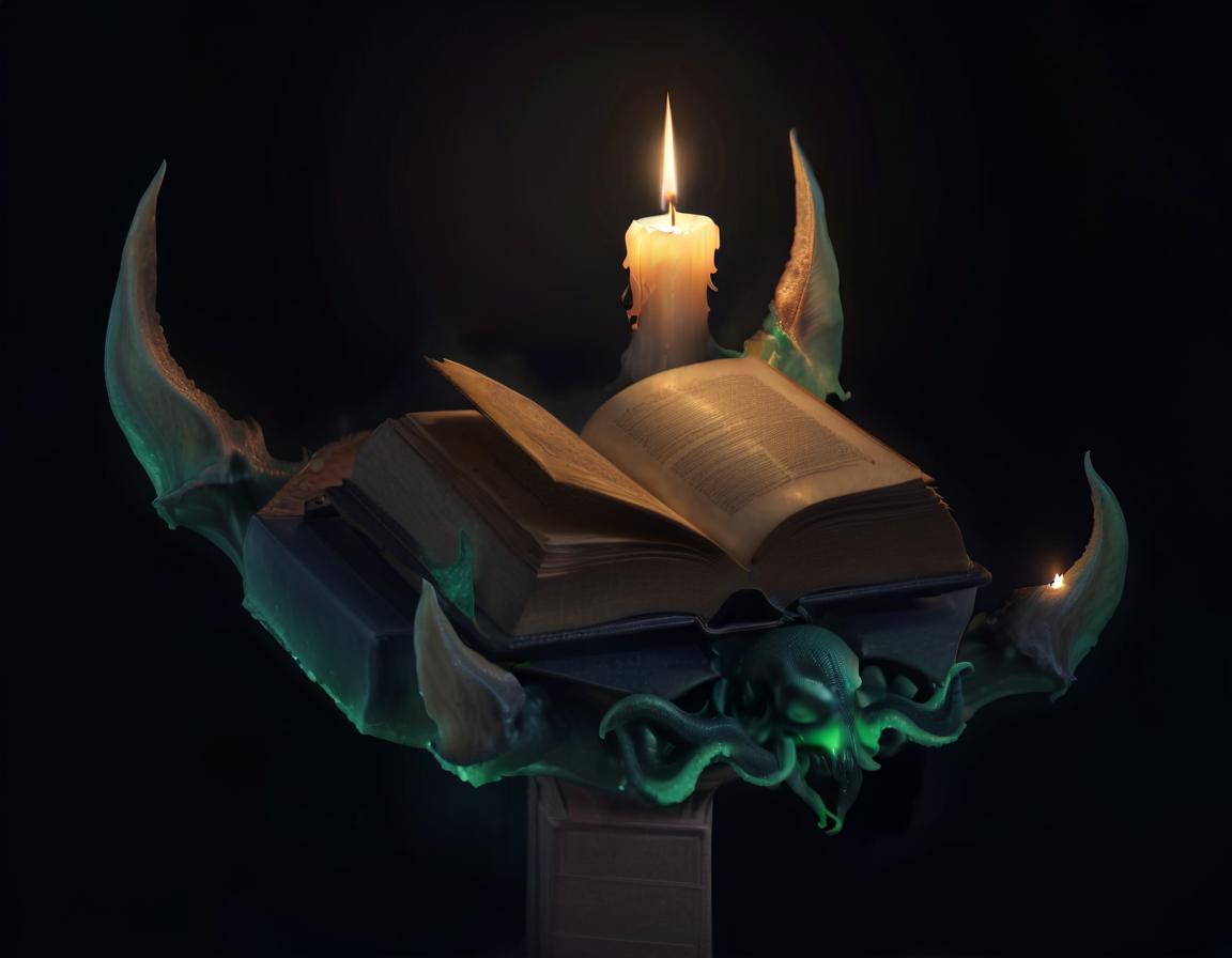  professional 3d model dark horror cthulhu pedestal and some candles are lit up on top of an open book . octane render, highly detailed, volumetric, dramatic lighting, civitai