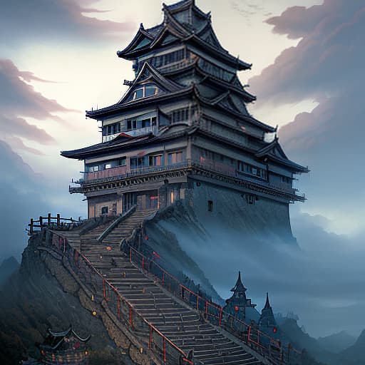  landscape, in the distance, a japanese castle to which 6 narrow stairs lead from different sides, which stands on a clockwork mechanism, a large gear, everywhere clouds, steam, cloudy weather, steampunk, blue sky, dark , creepy , blood , monsters , by jason engle , carlos huante , charlie bowater , simon lee , brom