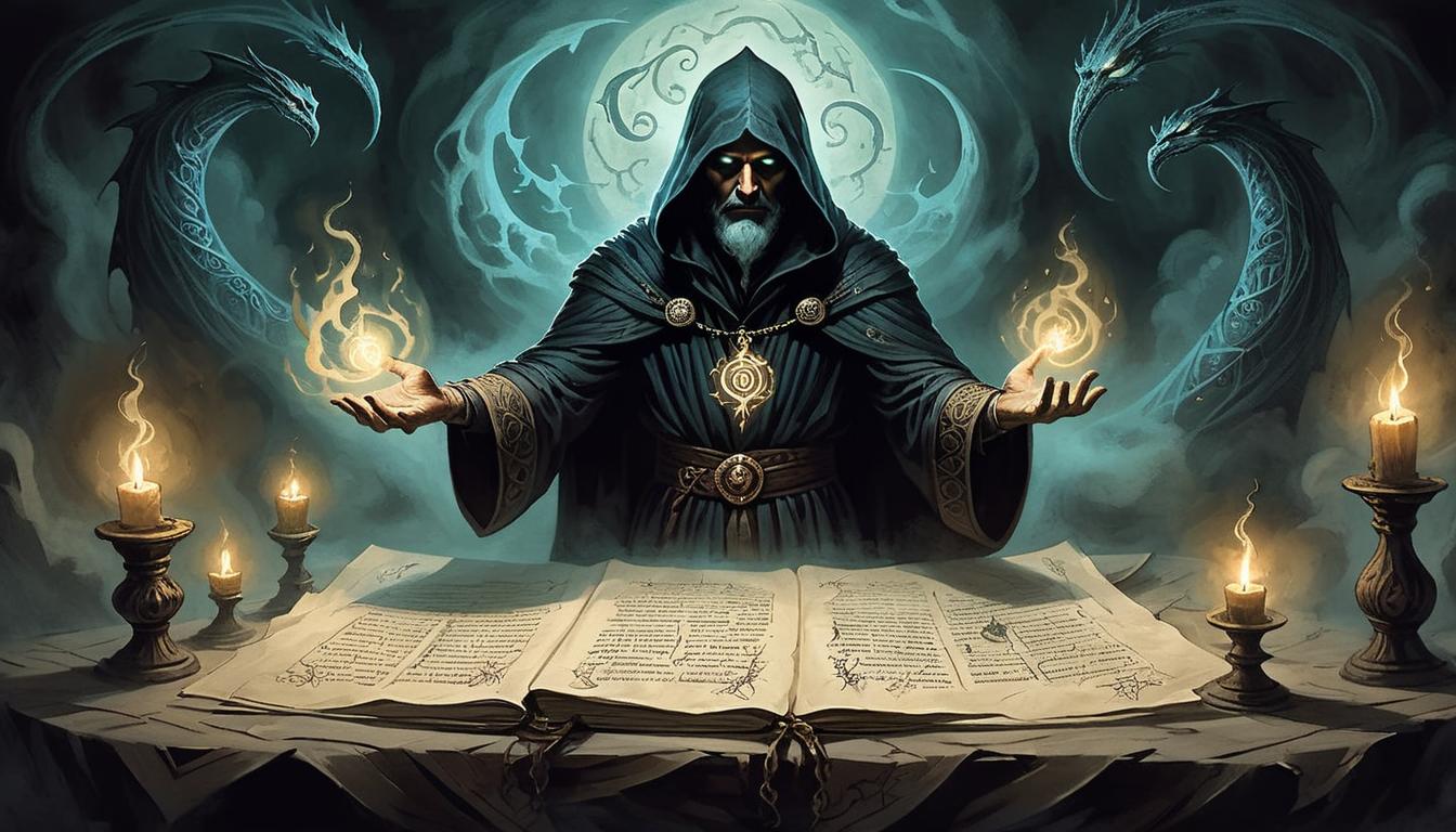  on parchment, surrealism+++, a powerful sorcerer, surrounded by swirling shadows and light, eyes glowing, hands forming intricate spells, standing in a darkened room, eerie glow, symbolizing fearlessness, dual nature(mysterious, provocative, symbolic,muted color)+++