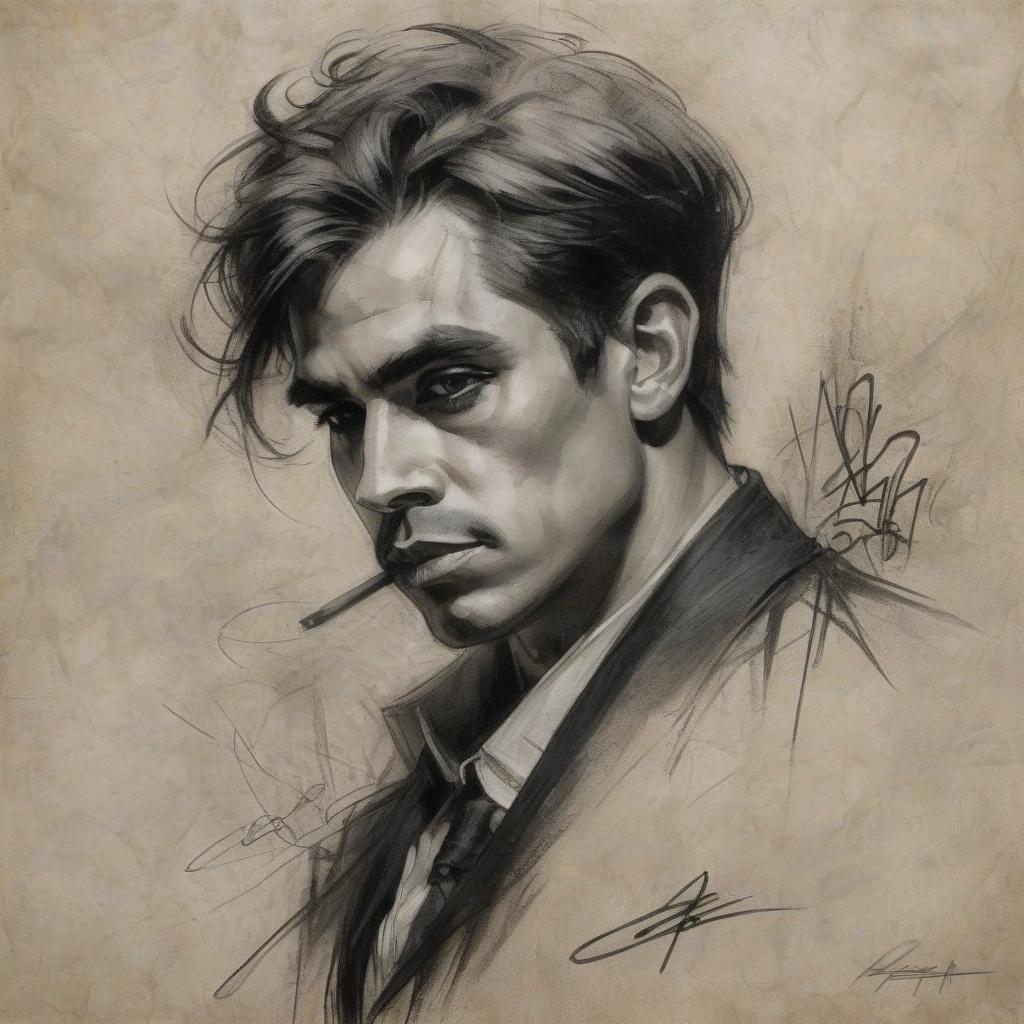  portrait of a gloomy gangster, harrison fisher, drawing in chalk, black pencil on textured paper, intricate details