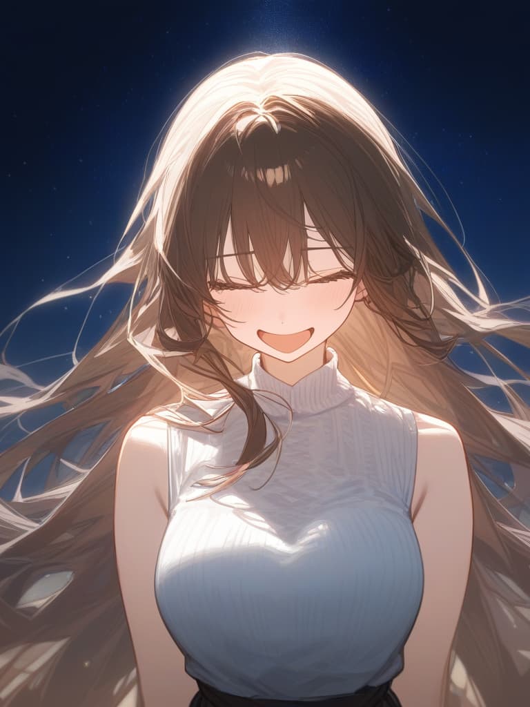  a girl who is laughing at me, bright brown hair, long hair, transparent fleeting, facing here, laughing, under the starry sky, facing here, i am looking at me, wearing a white cardigan over the black sleeveless dress, above the chest, masterpiece, best quality,8k,ultra detailed,high resolution,an extremely delicate and beautiful,hyper detail