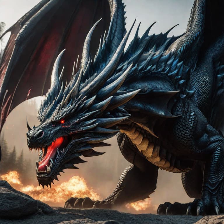  island sized black obsidian dragon with red eyes spewing blue fire from its mouth hyperrealistic, full body, detailed clothing, highly detailed, cinematic lighting, stunningly beautiful, intricate, sharp focus, f/1. 8, 85mm, (centered image composition), (professionally color graded), ((bright soft diffused light)), volumetric fog, trending on instagram, trending on tumblr, HDR 4K, 8K