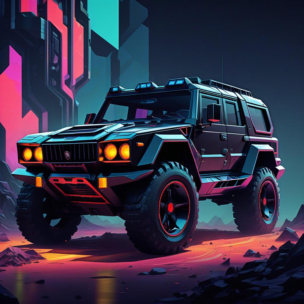  retro game art retro futuristic, black, brutal suv, reminiscent of the lamborghini lm 002 . 16 bit, vibrant colors, pixelated, nostalgic, charming, fun