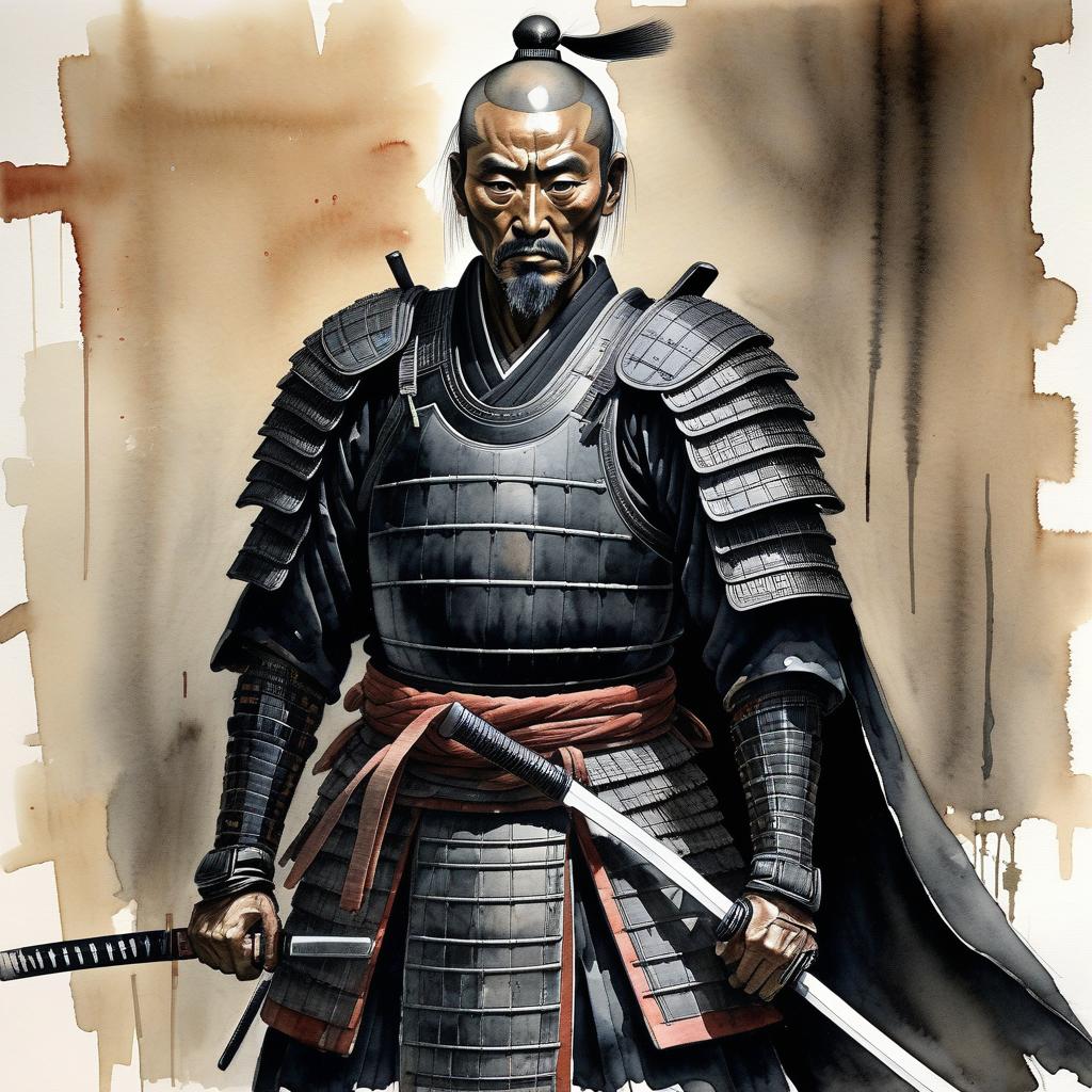  a tall, thin samurai of indeterminate age, in full quality black samurai armor. sickly white skin, (sharp predatory features, his face looks gloomy and exhausted), there are dark circles under his eyes from fatigue (his hair is long and black with rare gray strands). his whole appearance makes a gloomy and stern impression. (dim, watercolor 2 but extremely beautiful:1.4), (intricate details, masterpiece, best quality:1.4), japanese style ink drawing, ink drawing, ink wash, japanese style ink drawing, looking at viewer