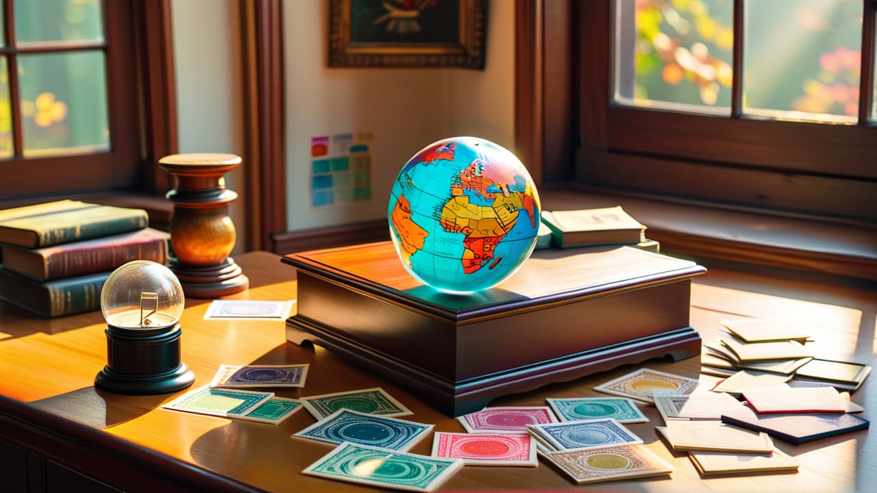  a close up of a vintage wooden desk scattered with colorful stamps, a magnifying glass, a stamp album, and a globe, illuminated by warm sunlight streaming through a window, creating an inviting atmosphere for collectors. hyperrealistic, full body, detailed clothing, highly detailed, cinematic lighting, stunningly beautiful, intricate, sharp focus, f/1. 8, 85mm, (centered image composition), (professionally color graded), ((bright soft diffused light)), volumetric fog, trending on instagram, trending on tumblr, HDR 4K, 8K