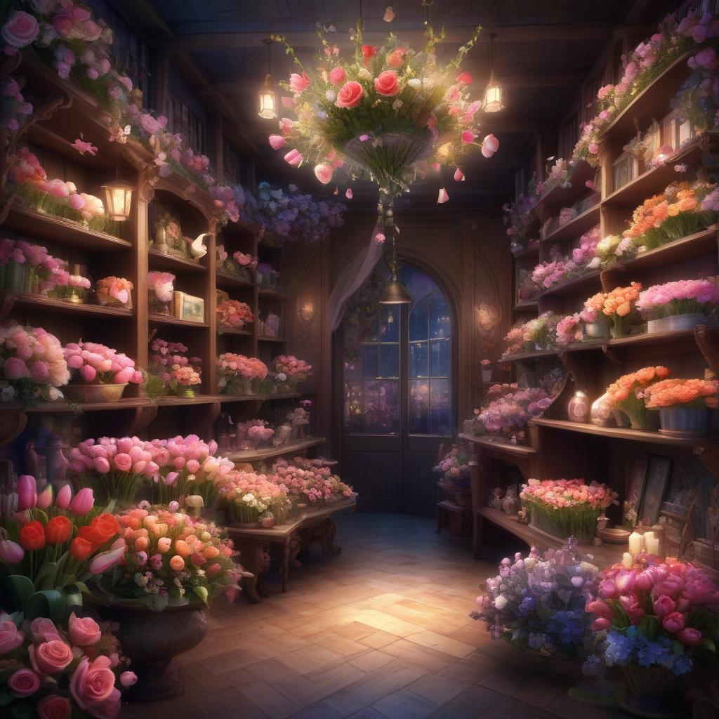  fairy tale flower shop fantastic. night. blossoms with flowers on shelves and on the floor. roses and tulips swirl in dance. fairy tale, magic, fantasy, fantasy, fantasy. . magical, fantastical, enchanting, storybook style, highly detailed, civitai