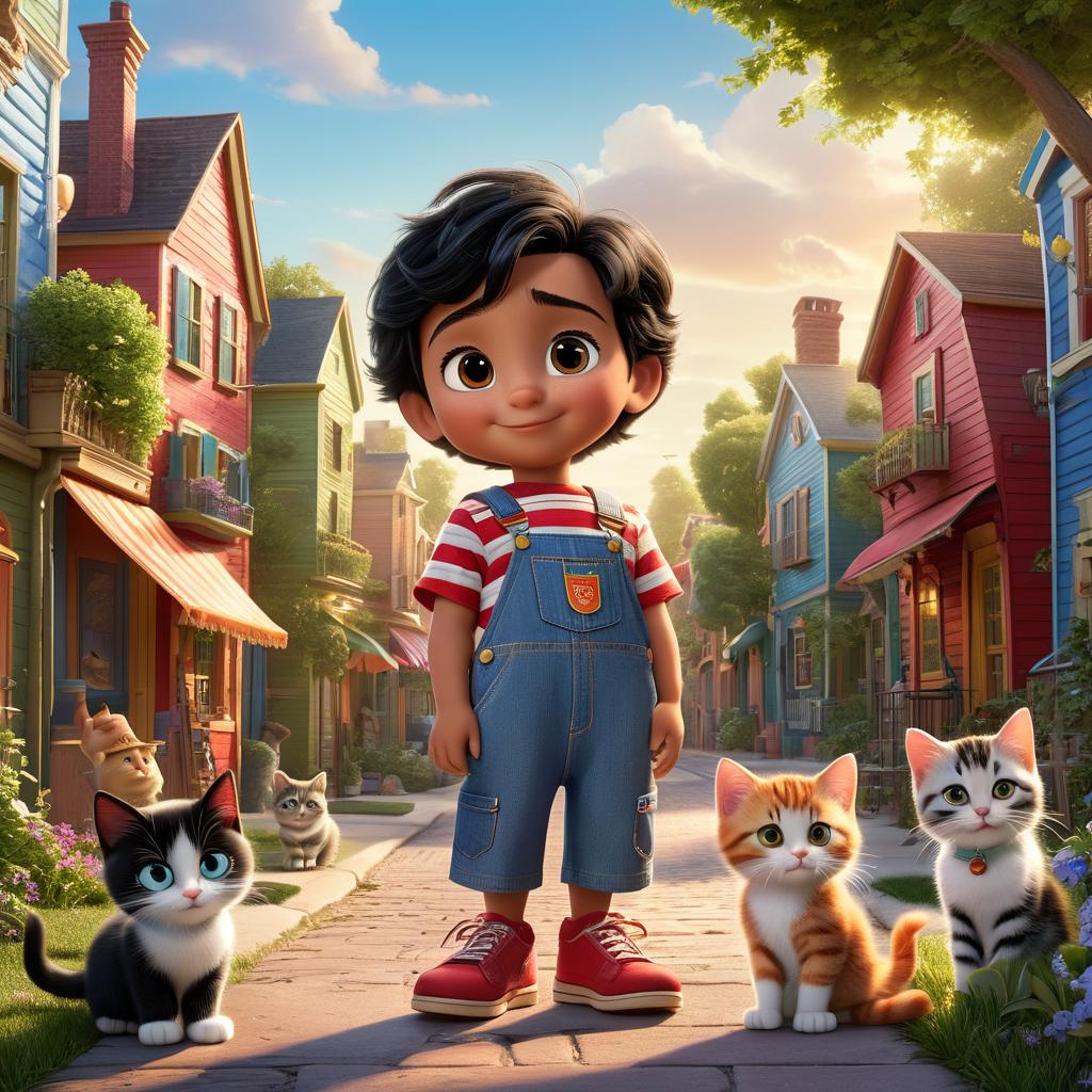  in 3d animated movie style. disney pixar style. umer, old with short black hair and bright brown eyes, in a red striped t shirt and denim overalls, with a kitten named kitten. set in a neighborhood with colorful houses, a park, and a cozy alley with curious stray cats. pixar 3d animated style with warm red, green, and blue tones, soft light filtering through trees. scene from a slightly elevated angle showcasing characters and surroundings.