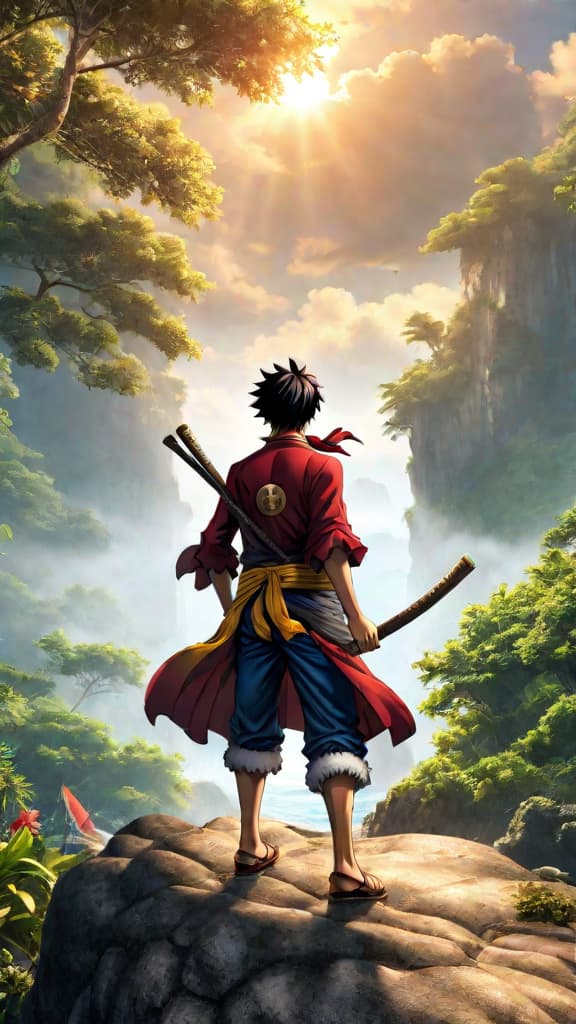  anime art: shanks sees luffy as the chosen one to find one piece and change the world. hyperrealistic, full body, detailed clothing, highly detailed, cinematic lighting, stunningly beautiful, intricate, sharp focus, f/1. 8, 85mm, (centered image composition), (professionally color graded), ((bright soft diffused light)), volumetric fog, trending on instagram, trending on tumblr, HDR 4K, 8K