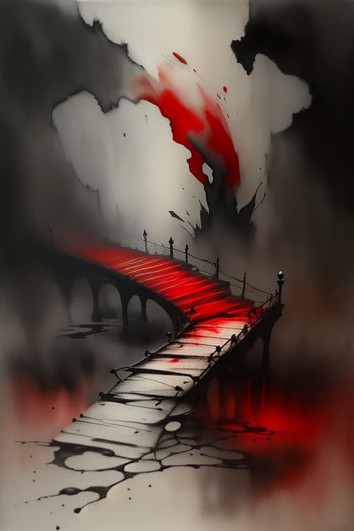  heated to white, a small bridge, steam, darkness, anxiety, anger, threat. painted with brush and paints, watercolor, smooth shadows. ashes, black, red., (surrealism), dreamlike , distorted , abstract , symbolic