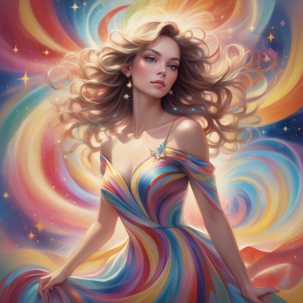  a painting of a woman in a dress with a colorful swirl in the background and a star burst in the sky, artgerm, figurative art, highly detailed digital painting, an airbrush painting