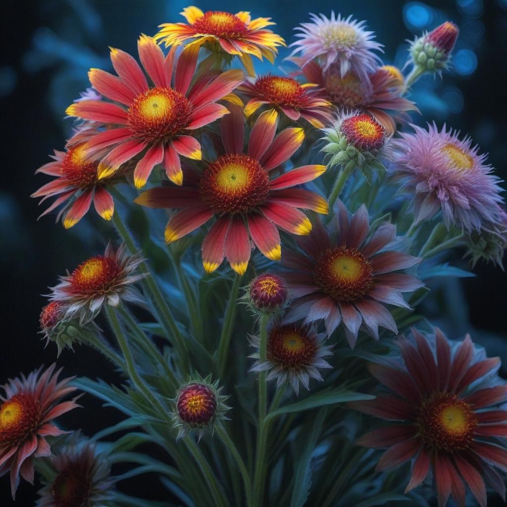  Bouquet of gaillardia hyperrealistic, full body, detailed clothing, highly detailed, cinematic lighting, stunningly beautiful, intricate, sharp focus, f/1. 8, 85mm, (centered image composition), (professionally color graded), ((bright soft diffused light)), volumetric fog, trending on instagram, trending on tumblr, HDR 4K, 8K