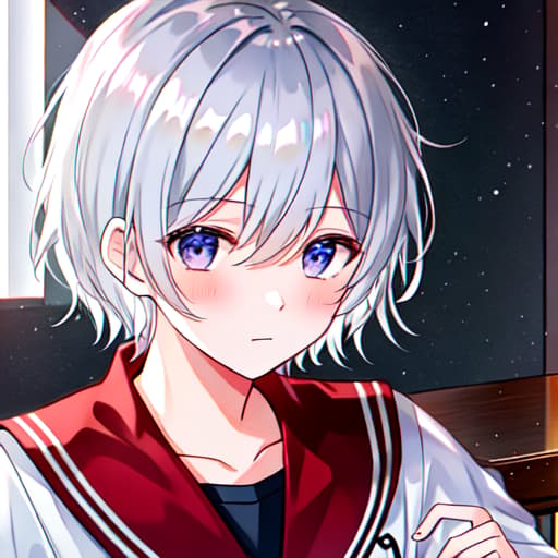  ((((masterpiece)))), best quality, very high resolution, ultra detailed, in frame, college student, male, silver hair, silver eyes, short hair, student uniform, expressionless