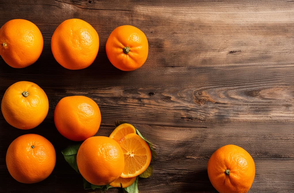  professional detailed photography, copy space image of various citrus fruits like oranges tangerines and mandarins displayed on a rustic wooden background ar 3:2, (muted colors, dim colors, soothing tones), (vsco:0.3)