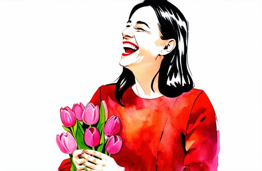  artwork beautiful woman laughs, holds a bouquet of pink tulips in her hands, space for text, white background, photo ar 16:9 ar 3:2, watercolor techniques, featuring fluid colors, subtle gradients, transparency associated with watercolor art