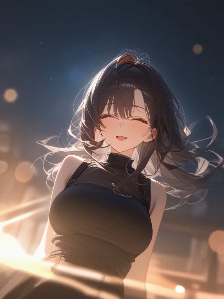  a girl laughing at me, bright brown hair, long hair, transparent ephemeral, black sleeveless dress, white cardigan, whole body facing in front, laughing, laughing, starry sky under the whole body, facing here, masterpiece, best quality,8k,ultra detailed,high resolution,an extremely delicate and beautiful,hyper detail hyperrealistic, full body, detailed clothing, highly detailed, cinematic lighting, stunningly beautiful, intricate, sharp focus, f/1. 8, 85mm, (centered image composition), (professionally color graded), ((bright soft diffused light)), volumetric fog, trending on instagram, trending on tumblr, HDR 4K, 8K