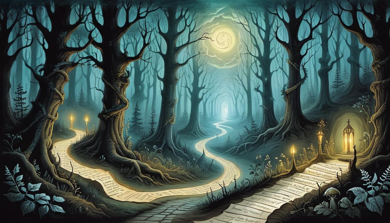  on parchment, surrealism+++, a winding path in a dark forest, illuminated by glowing scripture, bright, guided, mystical(mysterious, provocative, symbolic,muted color)+++