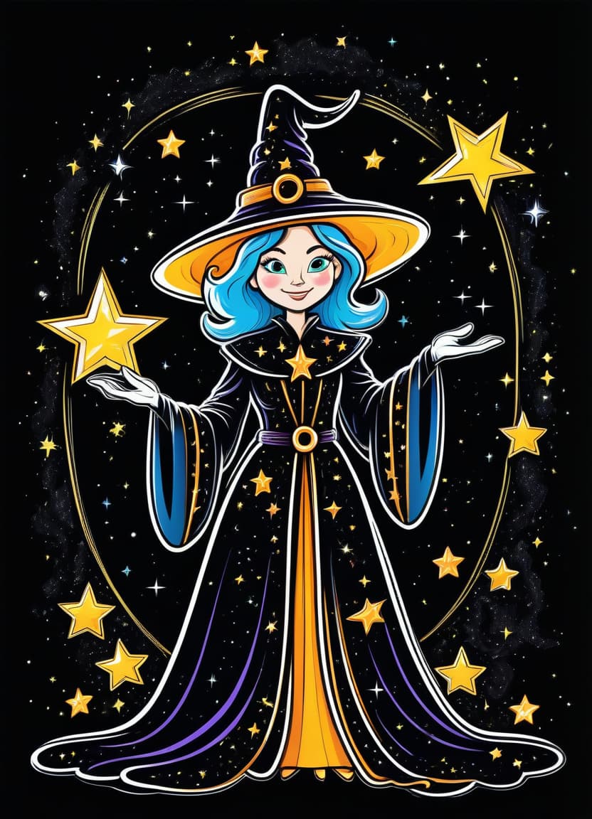  a humorous illustration. bright colors, cartoon style. on the black background, shiny contours outlines of a good witch in a robe with stars, in a pointed hat with stars, black gloves, frame with intricate thin ornamentation from comet, stars and cosmic dust: (thin: 1,4) lines,