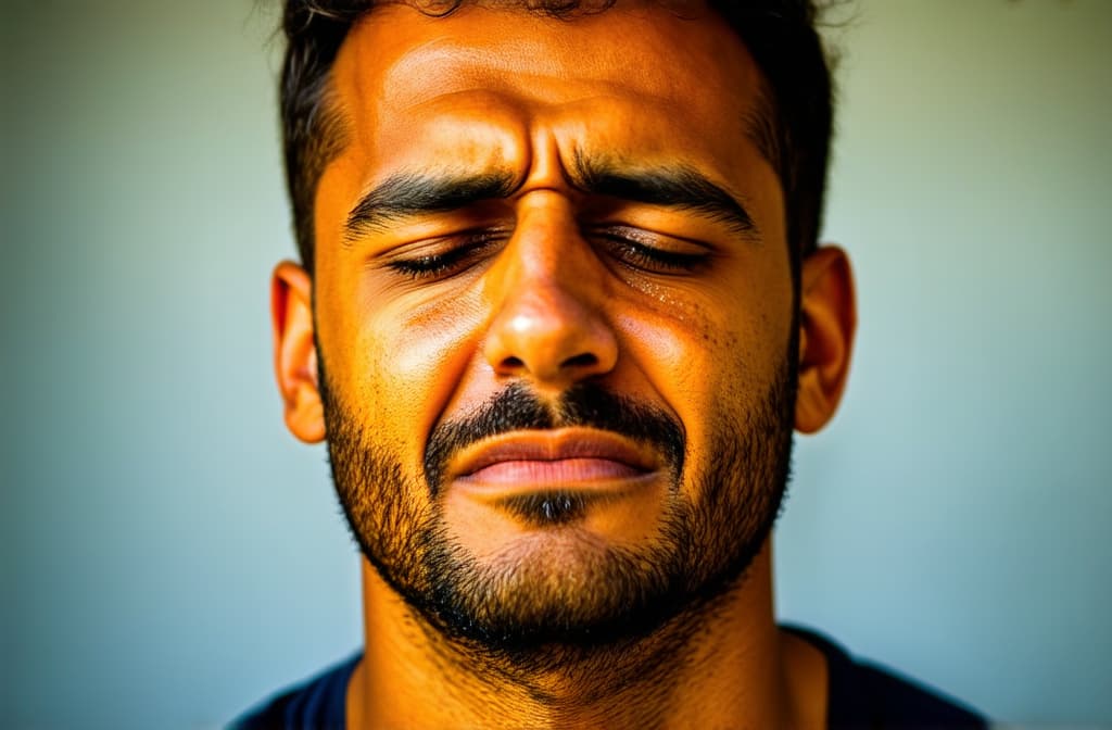  young sad middle eastern man crying with tears streaming down his cheeks. emotional breakdown, closed eyes and closed mouth, bright colors , (natural skin texture), highly detailed face, depth of field, hyperrealism, soft light, muted colors