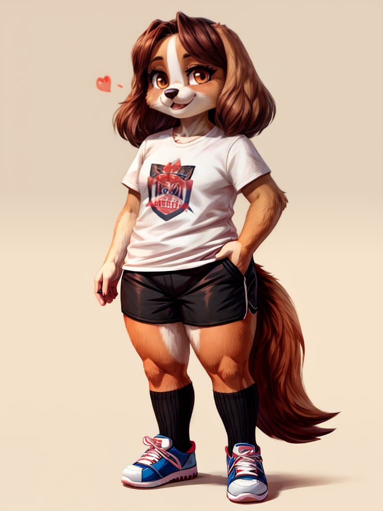  swf anthropomorphic english cocker spaniel female curvy, standing in shorts and oversized tshirt no background