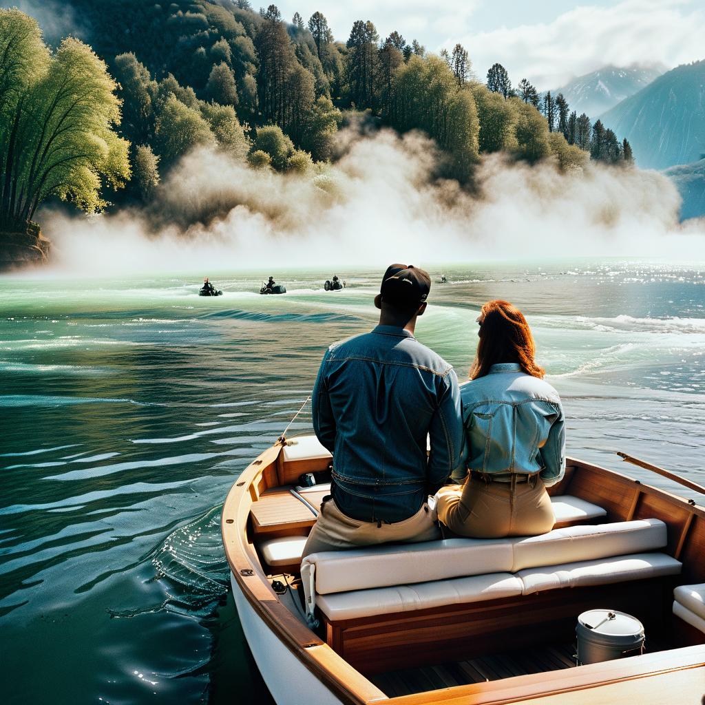  the man and woman ride the boat with the springs, film photography style hyperrealistic, full body, detailed clothing, highly detailed, cinematic lighting, stunningly beautiful, intricate, sharp focus, f/1. 8, 85mm, (centered image composition), (professionally color graded), ((bright soft diffused light)), volumetric fog, trending on instagram, trending on tumblr, HDR 4K, 8K