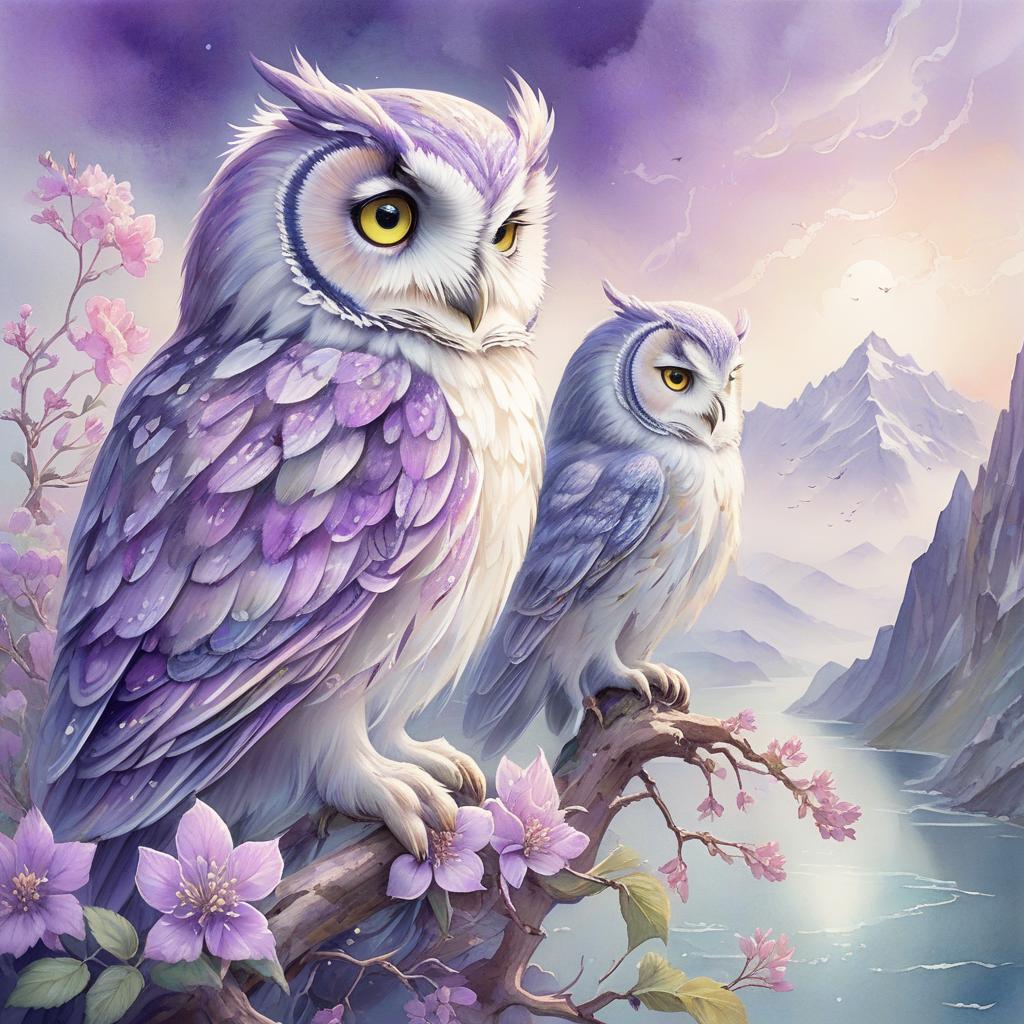  concept art the softness of everything that's peace, beautiful thoughtful owl, anatomically correct, spring's soft sea view, watercolor style of yelena yushina and kaoru yamada, mountains and stalight, windy luminous, silver lighting, dreamy and magical, highly detailed, very soft colors, soft edges, mist. realistic, blossoming, anatomically correct, soft silver violet palette . digital artwork, illustrative, painterly, matte painting, highly detailed