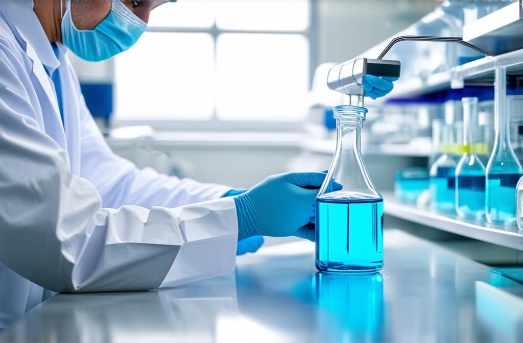  professional detailed photography, in the lab, a scientist studies a blue substance, driving medical breakthroughs for pharmaceuticals and advancing biotechnology in healthcare. science and chemistry converge in pursuit of innovation ar 3:2, (muted colors, dim colors, soothing tones), (vsco:0.3)