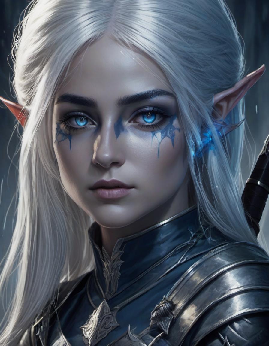  concept art (semi figure portrait: 0.2), a dark elf girl with <small neat elf ears: 7.9>, long platinum colored hair, preference for edged weapons <curved daggers in each hand: 1.8>, eye color slate blue with a glow effect, predatory gaze, in an attack pose . digital artwork, illustrative, painterly, matte painting, highly detailed