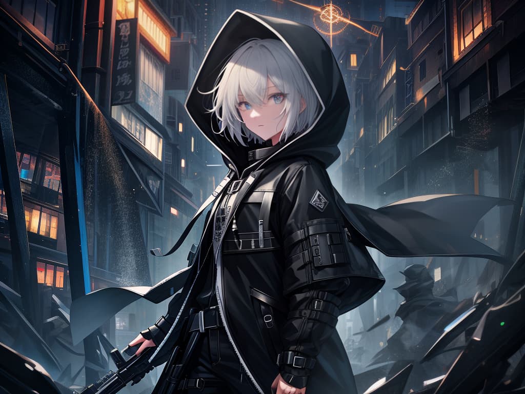  hooded, night town, male, short hair, cool, masterpiece, best quality,8k,ultra detailed,high resolution,an extremely delicate and beautiful,hyper detail