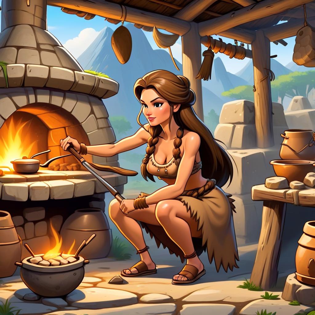  (cartoon style:1.5), masterpiece, best quality, stone age woman in a dirty fur skirt and a dirty fur vest cooking in ceramic pot in a stone oven, outdoor, at full heigh body, with brovn hair, slender, slim waist, long loincloth, tanned skin, at full heigh body, action pose, full heigh body, against the backdrop of a stone age village, (swift and agile movements:1.2), intense, (determined expression:0.9), cartoon style, cute, modernism,