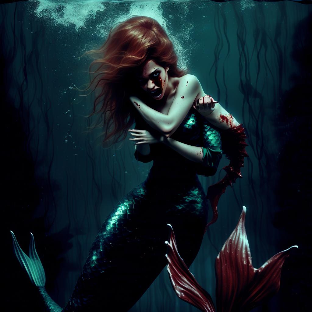  horror, art, creepy mermaid girl grabs the leg of a man and pulls to the bottom under dark water, he breaks out and he is afraid and he begins to vomit blood