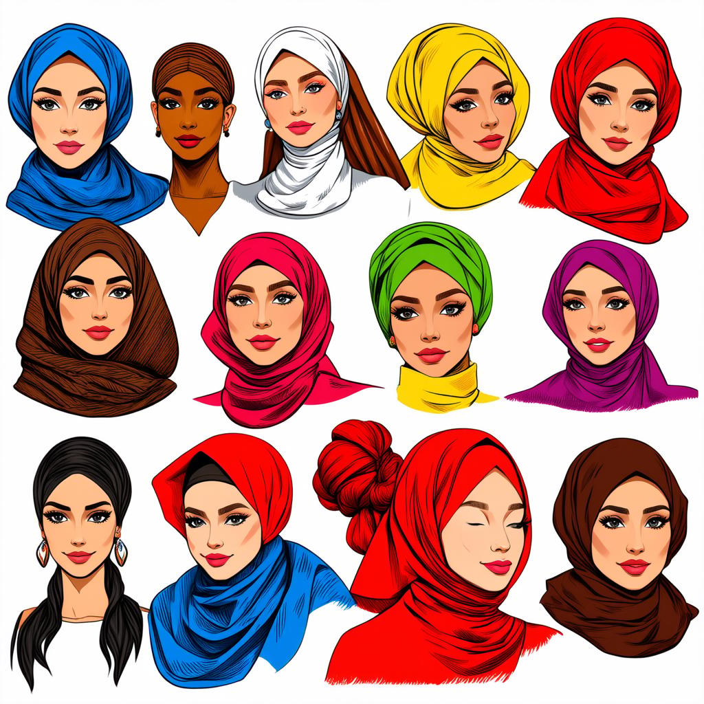  different beauty. set of different female heads in headscarf. different races and nationalities. colored hand drawn illustration {prompt}, maximum details