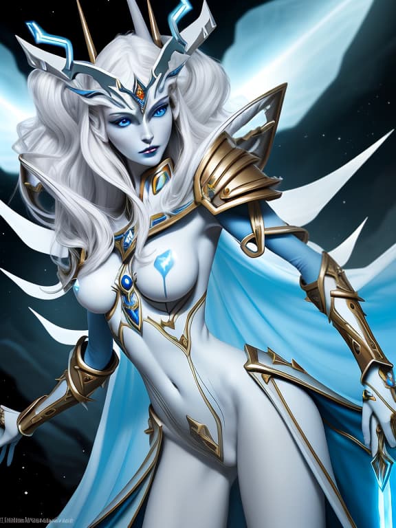  eldar female from warhammer 40000, a slender and graceful figure with milky white skin, sharp facial features, blue eyes and smooth movements; strongly pronounced feminine features, dressed in thin, elegant armor made of materials resembling crystals, with spikes and sharp angles; against the background of an eldar spaceship; a ghostly halo around the head; bright colors and great attention to the details.