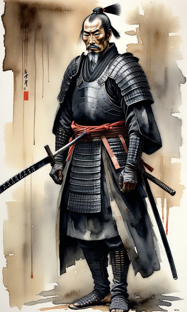  a tall, thin samurai of indeterminate age, in full quality black samurai armor. sickly white skin, (sharp predatory features, his face looks gloomy and exhausted), there are dark circles under his eyes from fatigue (his hair is long and black with rare gray strands). his whole appearance makes a gloomy and stern impression. (dim, watercolor 2 but extremely beautiful:1.4), (intricate details, masterpiece, best quality:1.4), japanese style ink drawing, ink drawing, ink wash, japanese style ink drawing, looking at viewer