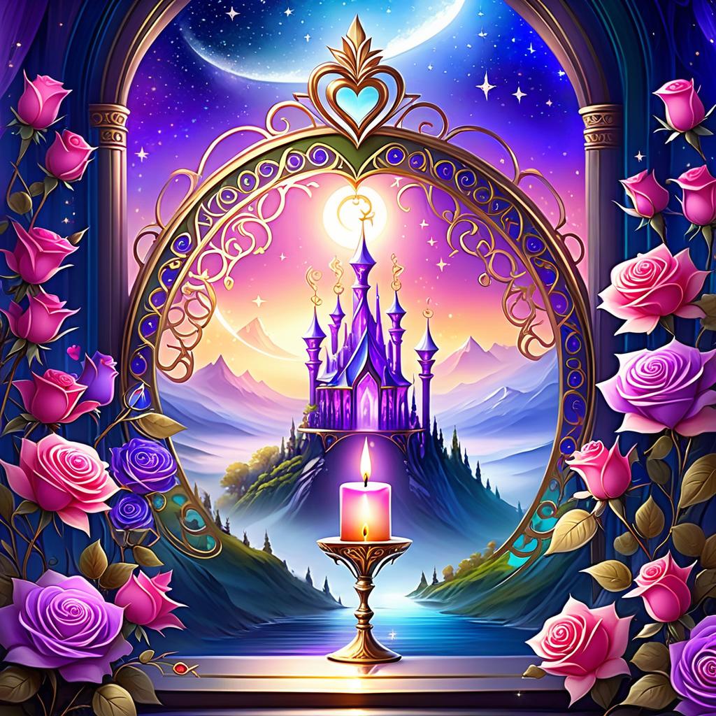  ethereal fantasy concept art of (background):colour:violet blue. (background decoration):silver frames in the shape of hearts and gold fancy stars. (centre):glass square pink candlestick and lighter decorated with fancy roses. (rose colour):pink, dark pink, with cream border. (leaf colour):dark green, green blue, light green. (style):fantasy, fantasy art design, jewellery, interior. . magnificent, celestial, ethereal, painterly, epic, majestic, magical, fantasy art, cover art, dreamy