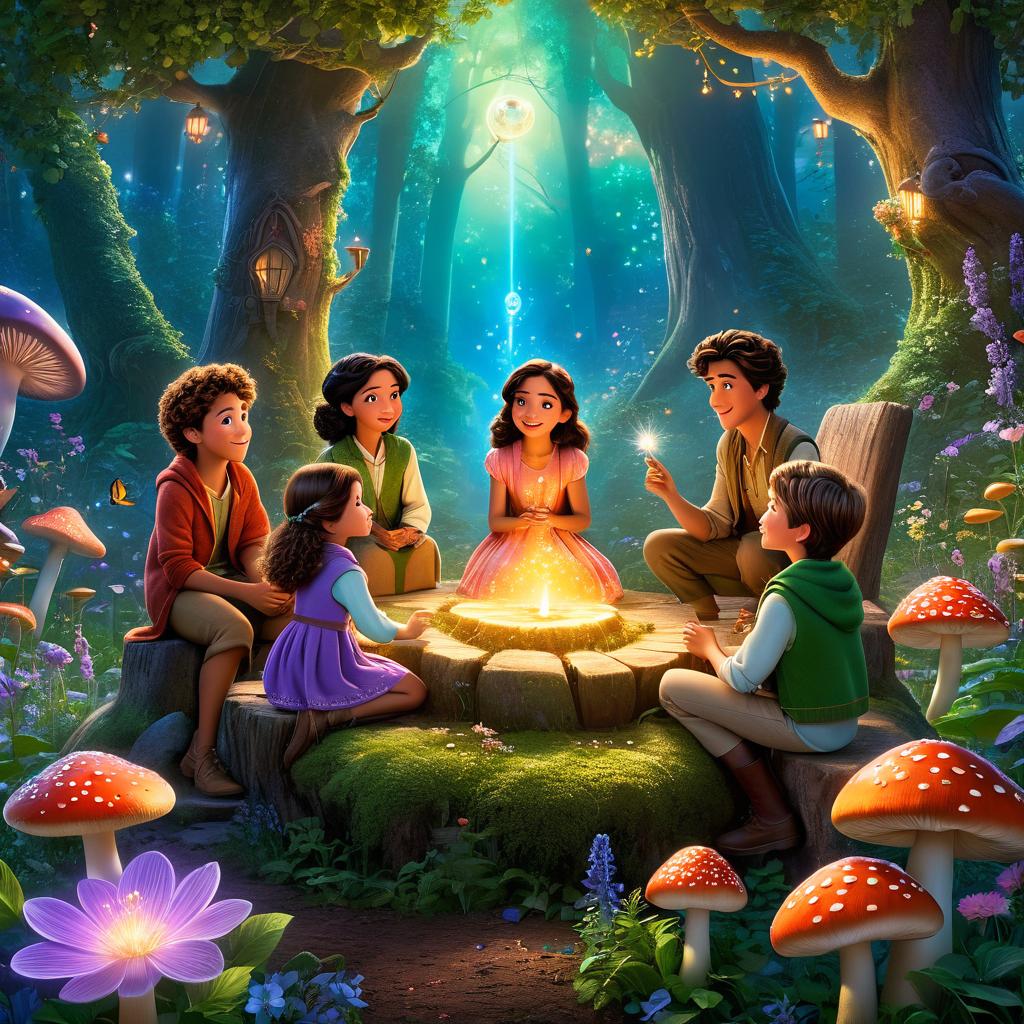  in 3d animated movie style. disney pixar style. aleena, 7, in flowery dress; lumi, ageless, in sparkling robe; milo, 9, green vest; everly, 8, lavender dress, on mushroom stools brewing magic, telling tales. whimsical forest clearing with glowing flora, magical glow, cozy. high res pixar 3d, vibrant colors, warm lighting. bird's eye view of characters amidst mystic forest.