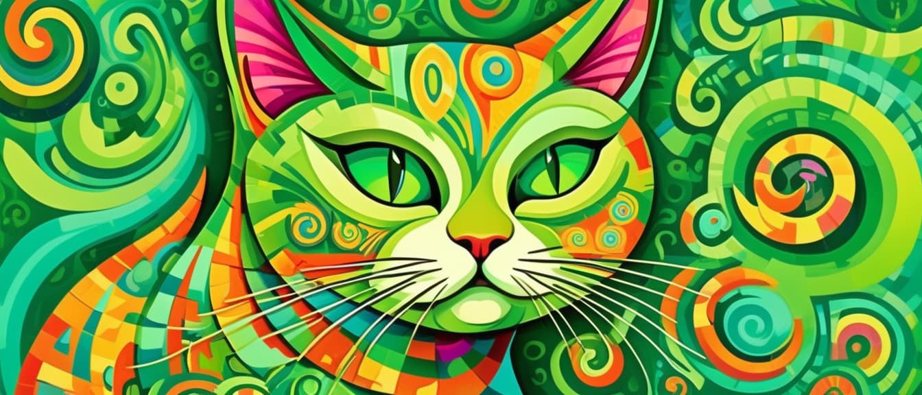  psychedelic style A psychedelic cat with a neo cubist style and a striking green color., vibrant colors, swirling patterns, abstract forms, surreal, trippy