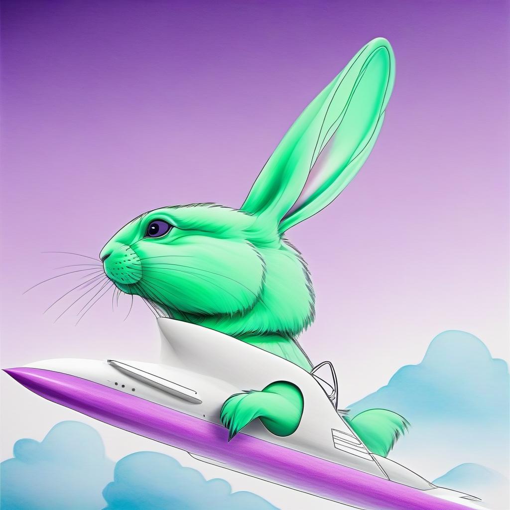  A green rabbit flies on a spaceship to a huge purple carrot, pencil drawing