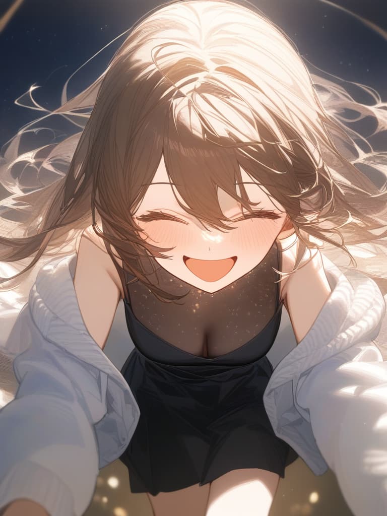  a girl laughing at me, bright brown hair, long hair, transparent ephemeral, black sleeveless dress, white cardigan, whole body facing in front, laughing, laughing, starry sky under the whole body, facing here, masterpiece, best quality,8k,ultra detailed,high resolution,an extremely delicate and beautiful,hyper detail