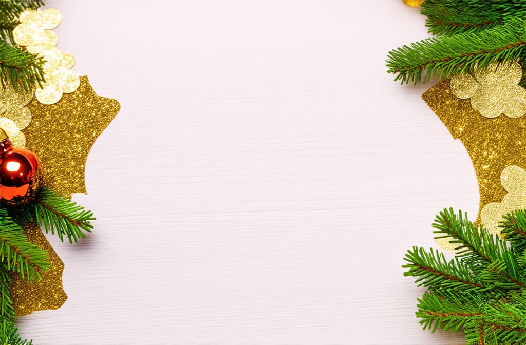  professional detailed photography, christmas decoration border with fir branches and golden glitter confetti ar 3:2, (muted colors, dim colors, soothing tones), (vsco:0.3)