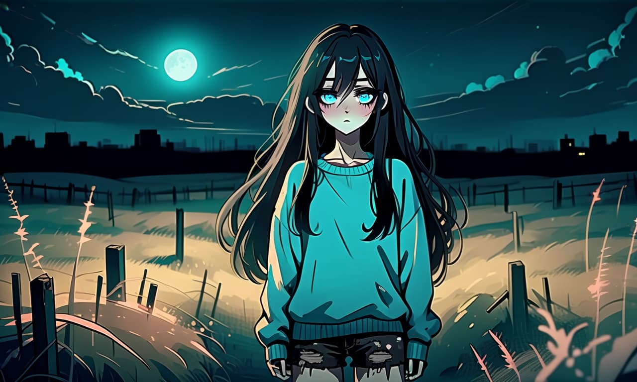  grunge style a girl in the anime style with long black hair stands in an empty and night field dressed in a sweater of warm and pastel color and pants. the girl looks into the darkness with black lower eyelids under the eyes full of fear of the unknown and curiosity, and the bright turquoise eyes themselves stand out against the background of everything. the image uses warm and bed tones . textured, distressed, vintage, edgy, punk rock vibe, dirty, noisy