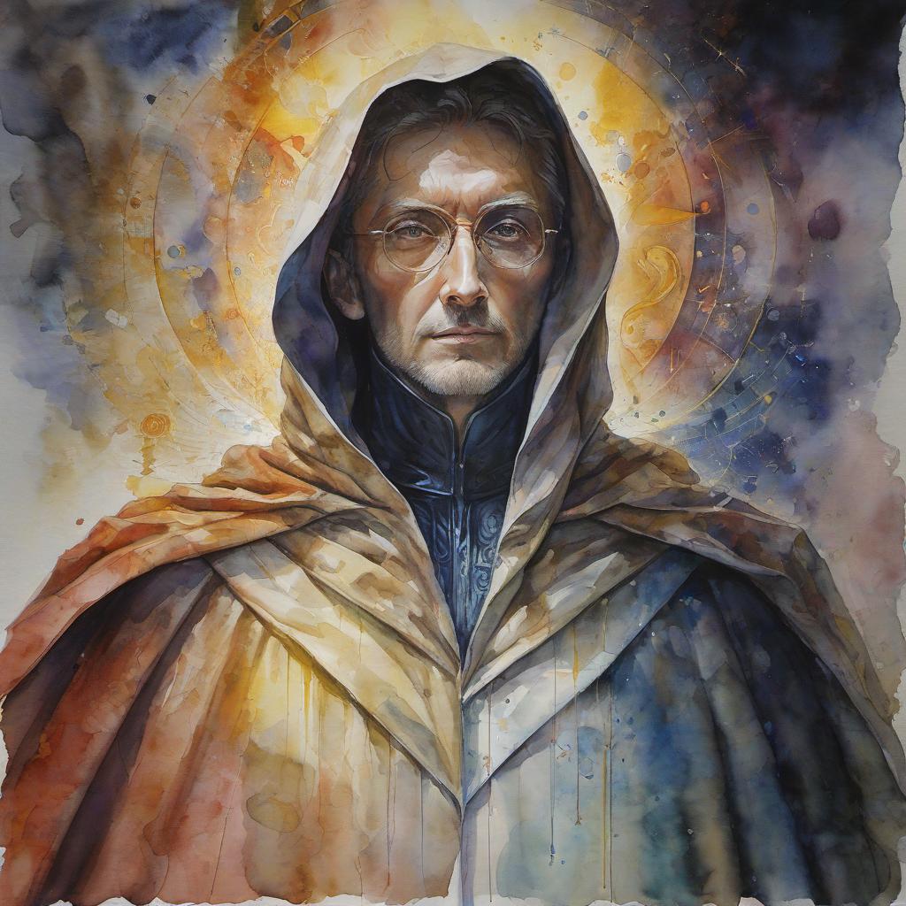  watercolor painting do t in a long cloak with a kind human face whose main superpower is the combination of the two energies of law and the energy of life, through which the successful realization of the plan is combined . vibrant, beautiful, painterly, detailed, textural, artistic