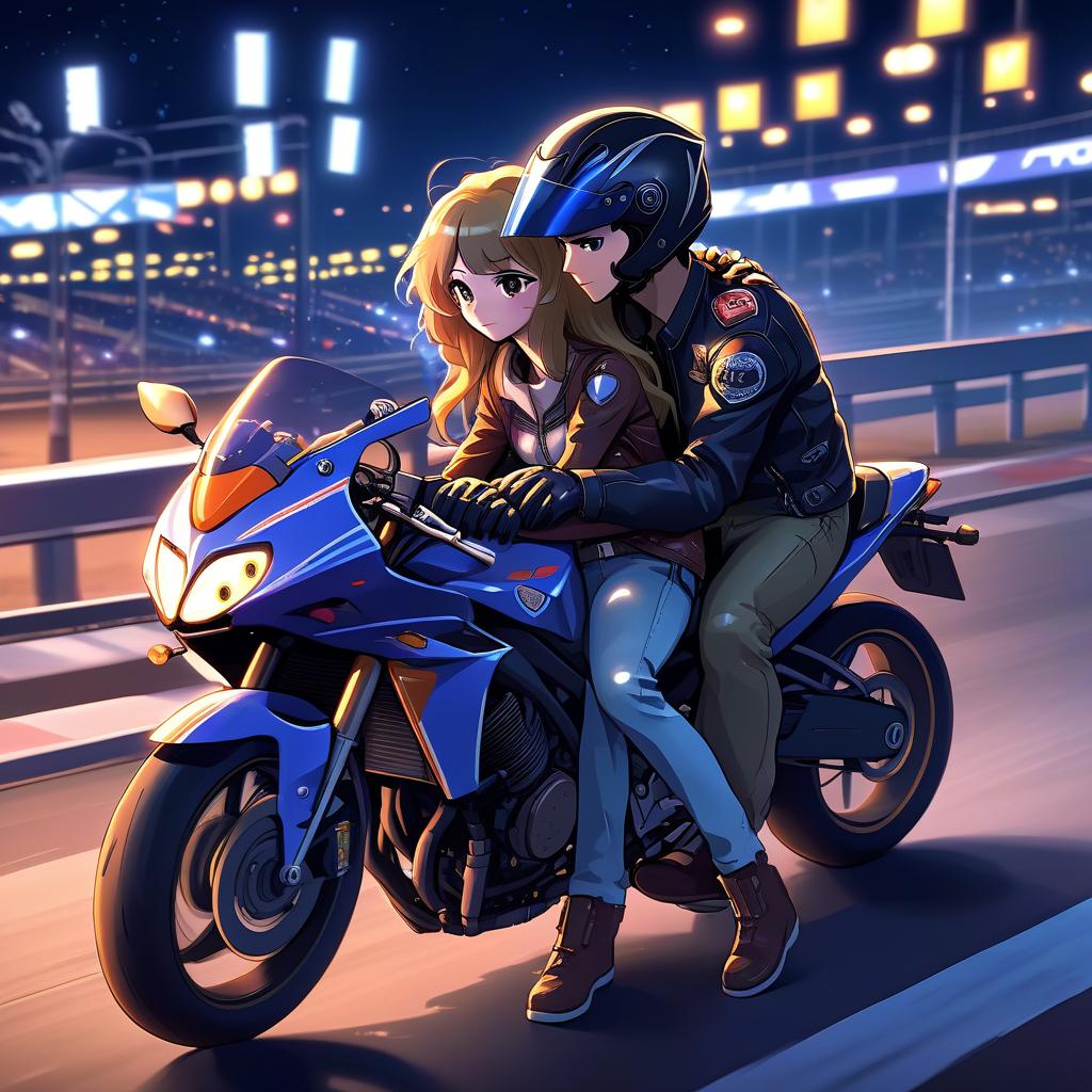  anime artwork at the wheel of a motorcycle sits a guy in a motorcycle helmet, and behind him sits a girl and hugs him, amid the night lights of an empty track. the picture should show the pair from the side, we see them riding a motorcycle . anime style, key visual, vibrant, studio anime, highly detailed