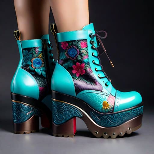  Create a photorealistic digital illustration of a women’s short boot with balanced parts, ornate soles, mid height platform heel, and covered in soft, luxurious textured materials. The art style should blend elements of Irregular Choice, Buffalo London, and Osamu Tezuka hyperrealistic, full body, detailed clothing, highly detailed, cinematic lighting, stunningly beautiful, intricate, sharp focus, f/1. 8, 85mm, (centered image composition), (professionally color graded), ((bright soft diffused light)), volumetric fog, trending on instagram, trending on tumblr, HDR 4K, 8K