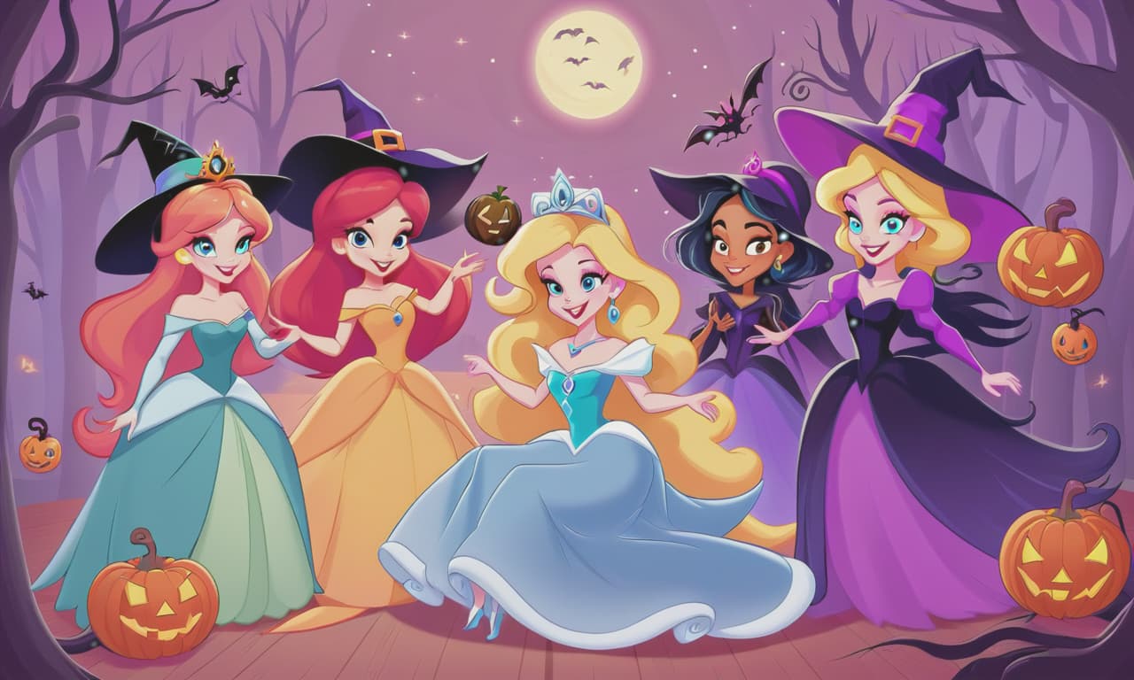  cartoon princesses playing with witches