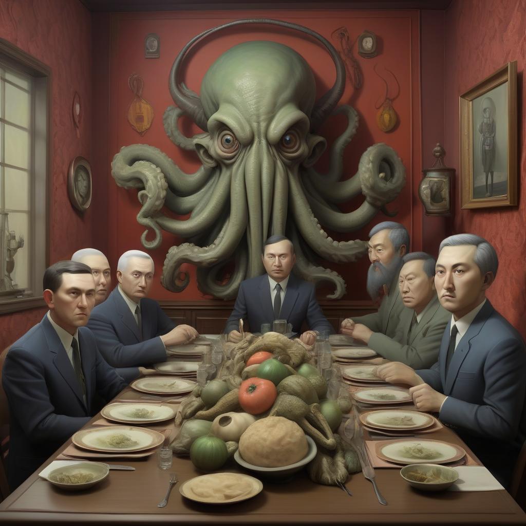  soviet dining room, surreal loughcraftian pioneers finish off the ashes of their ancestors, amid portraits of korean chieftains