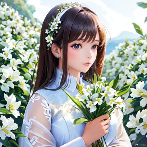  master piece , best quality,pretty girl, lots of white flowers.