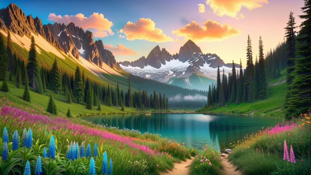  a breathtaking mountain landscape with rugged peaks, vibrant wildflowers in the foreground, a crystal clear lake reflecting the sky, and a winding trail leading into a lush green forest, inviting adventure and exploration. hyperrealistic, full body, detailed clothing, highly detailed, cinematic lighting, stunningly beautiful, intricate, sharp focus, f/1. 8, 85mm, (centered image composition), (professionally color graded), ((bright soft diffused light)), volumetric fog, trending on instagram, trending on tumblr, HDR 4K, 8K