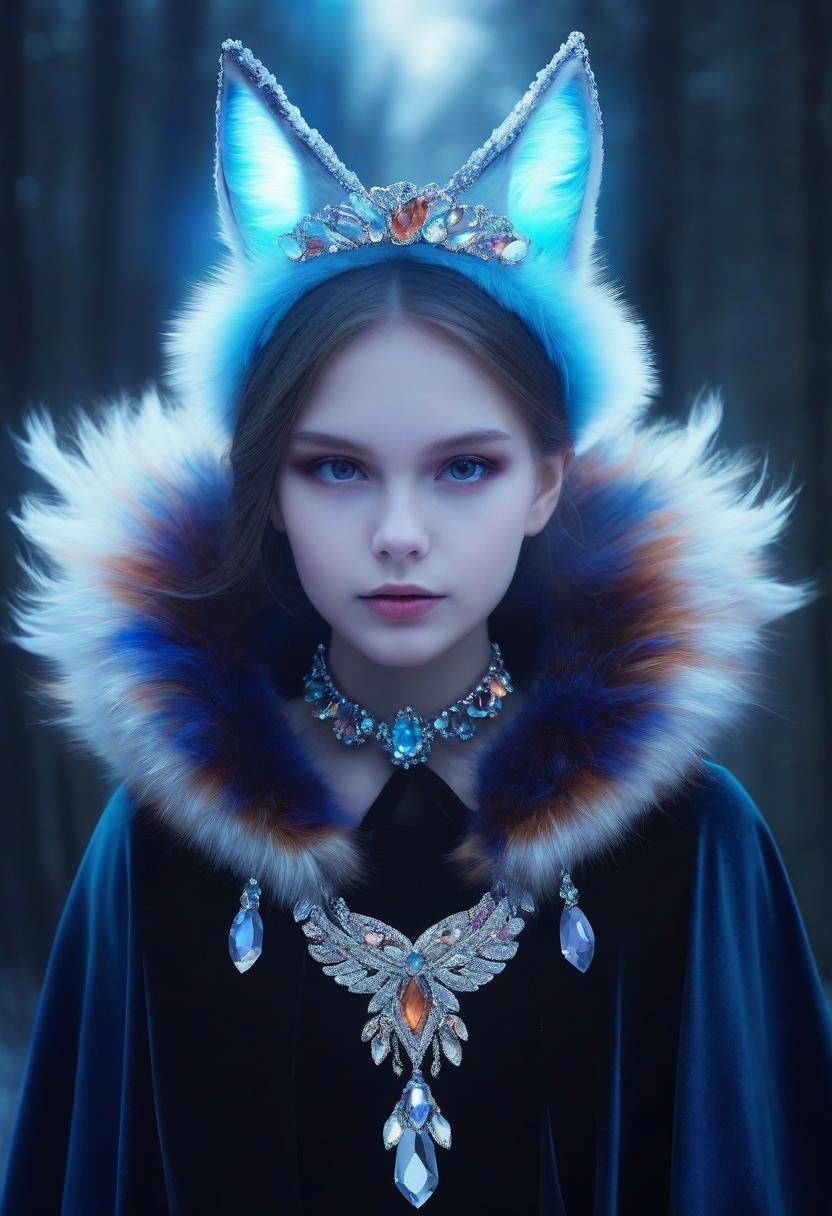  girl from crystals. diadem in the form of fox ears from crystals. collar fan of colored crystals.velvet cape