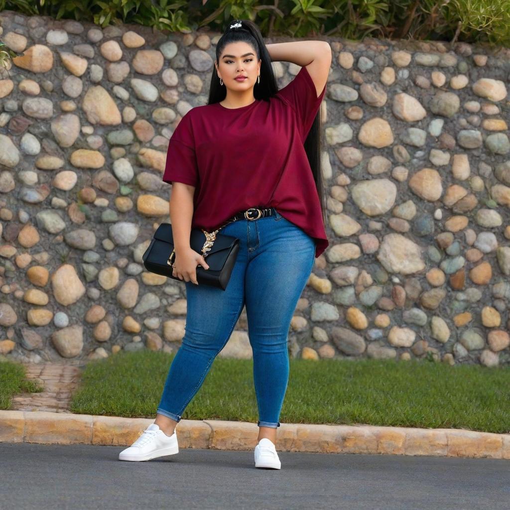  tall young overweight hispanic female with black hair as a ponytail wearing a dark red t shirt with denim jeans and white shoes